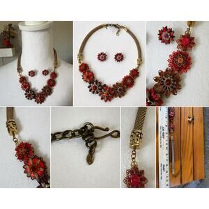 Metal Monk Signed Necklace Earrings Set Red Floral Statement Mesh Chain